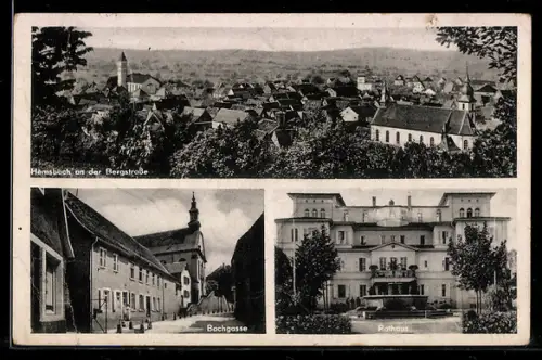 AK Hemsbach an der Bergstrasse, Teilansicht mit Kirche, Rathaus, Strasse Bachgasse