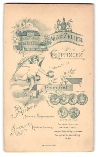 Fotografie Max Zeller, Göppingen, Ansicht Göppingen, Blick auf das Atelierhaus mit kgl. Wappen und Putte