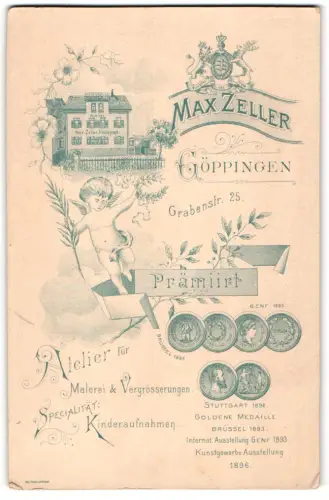 Fotografie Max Zeller, Göppingen, Ansicht Göppingen, Atelierhaus in Aussenansicht mit kgl. Wappen