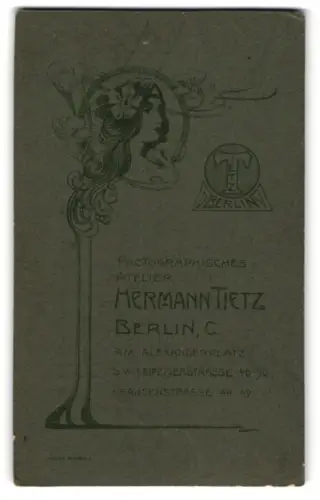 Fotografie Hermann Tietz, Berlin, Damenkopf im Jugendstil nebst Firmen Logo