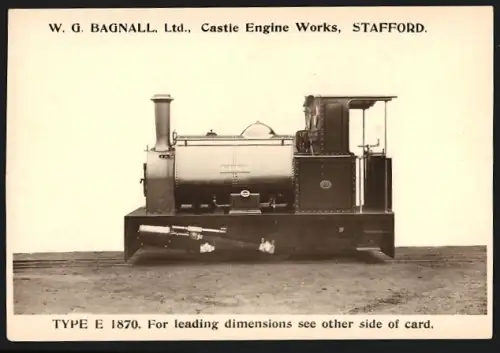 Fotografie britische Eisenbahn, Kleinbahn Dampflok Type E 1870, W.G. LTD Castle Engine Works Stafford