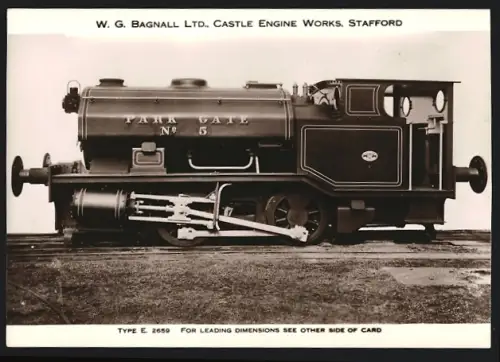 Fotografie britische Eisenbahn, Dampflok Park Gate No. 5 Type E 2659, W.G. LTD Castle Engine Works Stafford