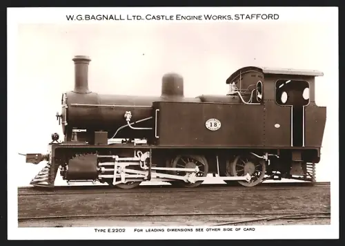 Fotografie britische Eisenbahn, Dampflok Nice Rian Railway No. 18 Type E 2202, W.G. LTD Castle Engine Works Stafford