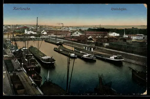 AK Karlsruhe, Rheinhafen mit Lastschiffen aus der Vogelschau gesehen