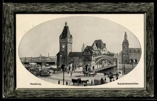 AK Hamburg, Wandrahmsbrücke mit Strassenbahn, Passepartout