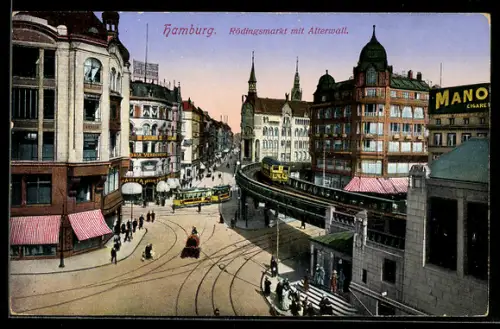 AK Hamburg, Strassenbahnen, Rödingsmarkt mit Alterwall