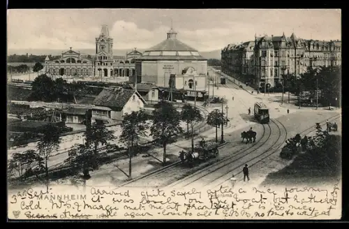 AK Mannheim, Strassenbahn am Panorama Kolossal Rundgemälde-Rundbau der Schlacht bei Orleans