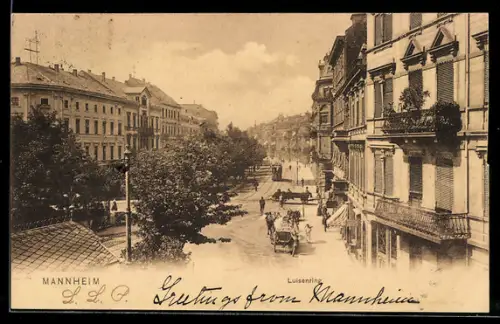 AK Mannheim, Strasse Luisenring mit Strassenbahn