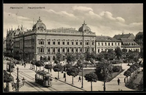 AK Mannheim, Hauptpostamt mit Strassenbahn