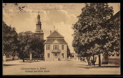 AK Lampertheim a. Rhein, Rathaus und Kath. Kirche