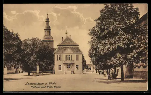 AK Lampertheim a. Rhein, Rathaus und Kath. Kirche