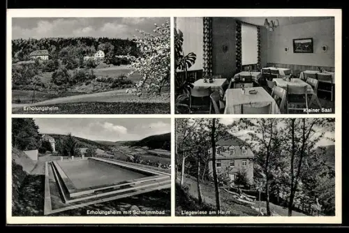 AK Hettigenbeuern /Odenwald, Erholungsheim Diedrich, Schwimmbad, kleiner Saal, Liegewiese am Heim