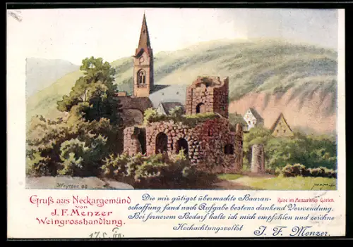 AK Neckargemünd, Weingrosshandlung J. F. Menzer, Ruine und Kirche