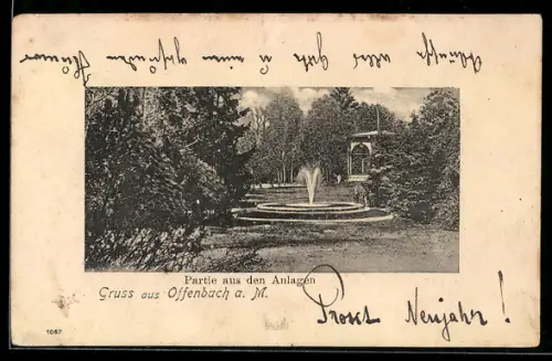 AK Offenbach a. M., Partie aus den Anlagen, Brunnen, Pavillon