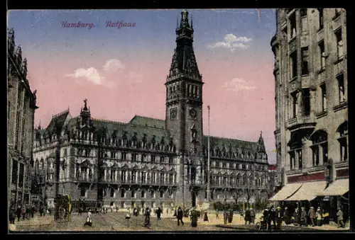 AK Hamburg, Rathaus mit Strassenbahn