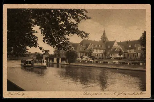 AK Hamburg-Eppendorf, St. Johanniskloster mit Dampfer auf der Alster