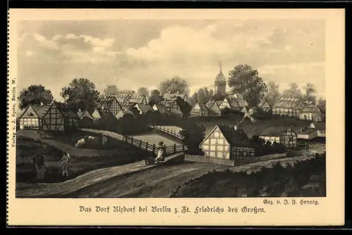 Künstler-AK Rixdorf bei Berlin, Dorfansicht z. Zt. Friedrichs des Grossen