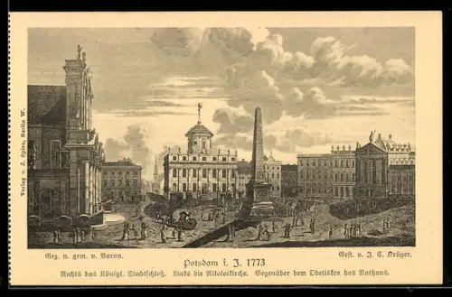 Künstler-AK Potsdam, Rechts das königliche Stadtschloss, Links die Nikolaikirche, Gegenüber dem Obelisken das Rathaus