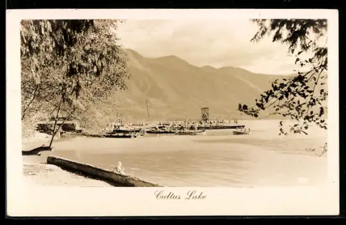 AK Cultus Lake, Strand mit Bootssteg und Bergen
