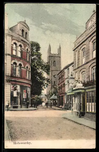 AK Holsworthy, Strassenpartie mit Kirchturm