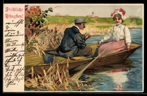 AK Fröhliche Pfingsten!, Paar im Ruderboot