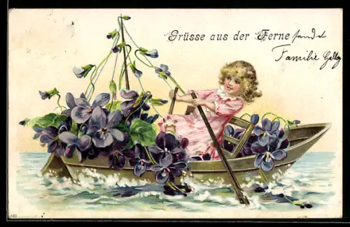 AK Mädchen rudert mit Blumen als Ladung, Fröhliche Pfingsten