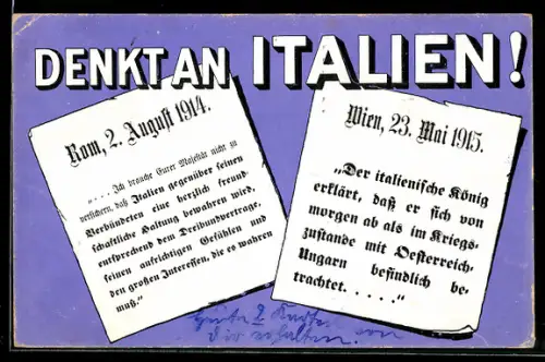 AK Denkt an Italien, Propaganda 1. Weltkrieg