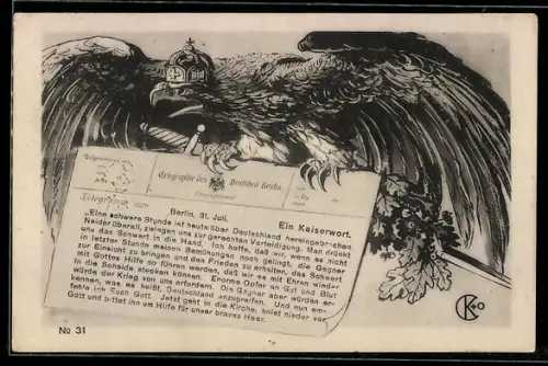 AK Kaiserwort zum Kriegsausbruch, Propaganda 1. Weltkrieg