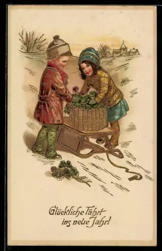 AK Kinder transportieren Kleeblätter mit dem Schlitten, Glückliche Fahrt ins neue Jahr!