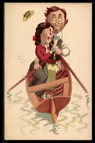 AK Frau und Mann sitzen ängstlich im Ruderboot