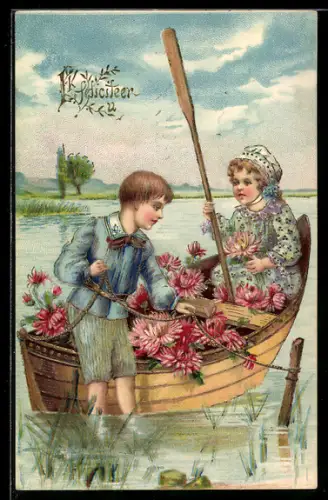 Präge-AK Kinder mit Ruderboot beim Blumentransport