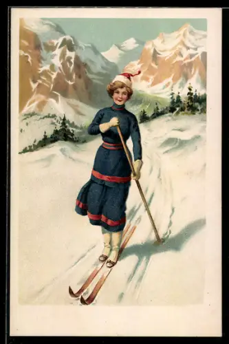 AK Junge Frau beim Ski-Langlauf im Gebirge