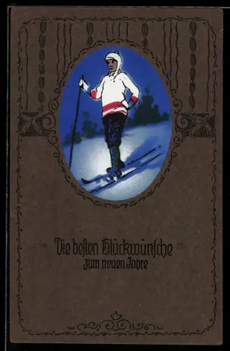 AK Mann beim Ski-Langlauf, Glückwünsche zum neuen Jahr