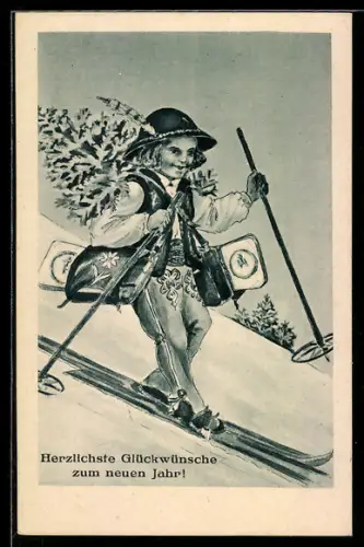 AK Junger Bote auf Skiern im Gebirge, Glückwünsche zum neuen Jahr