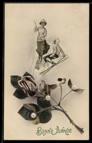 AK Mann fällt beim Skifahren in den Schnee und wird von einer Frau überholt, Bonne Année