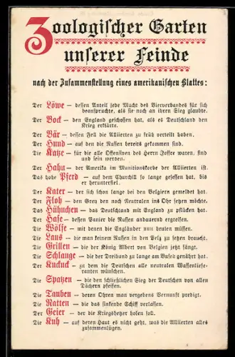 AK Zoologischer Garten unserer Feinde, Propaganda 1. Weltkrieg