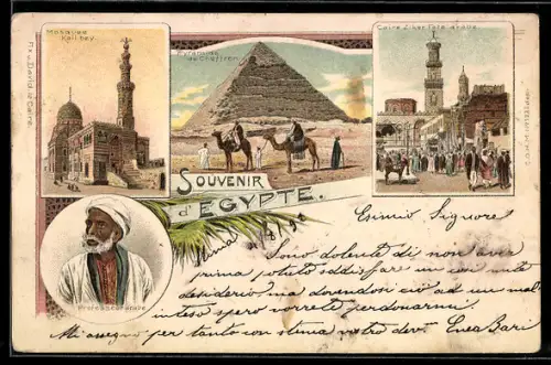 Lithographie Cairo, Ziker Fete arabe, Pyramide de Cheffren, Professeur arabe