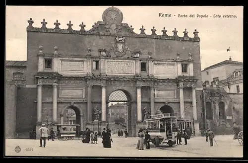 AK Roma, Porta del Popolo, Lato esterno, Strassenbahn, Pferdegespann