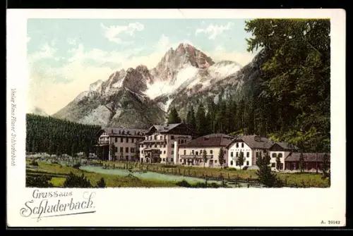 AK Schluderbach, Totalansicht mit Gebirgspanorama