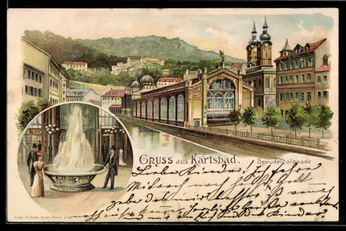 Lithographie Karlsbad, Sprudelcolonnade, Fontäne