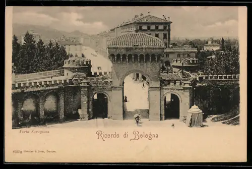 AK Bologna, Blick auf das Stadttor und die Stadt dahinter