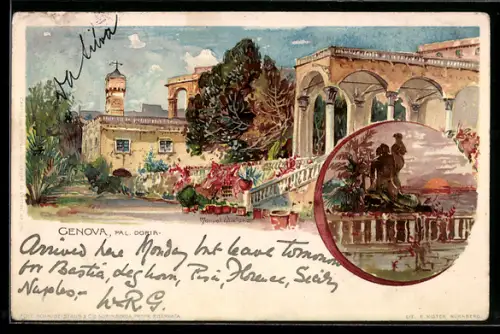Künstler-Lithographie Manuel Wielandt: Genova / Genua, Pal. Doria, herrschaftliches Anwesen