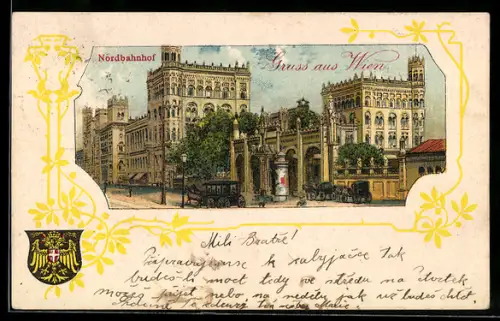 Lithographie Wien, Nordbahnhof mit geprägtem Wappen