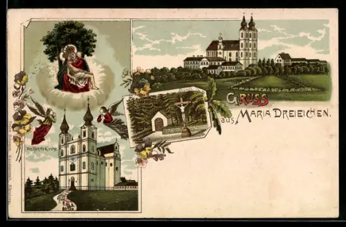 Lithographie Maria Dreieichen, Teilansichten mit Wallfahrtskirche und Bründl