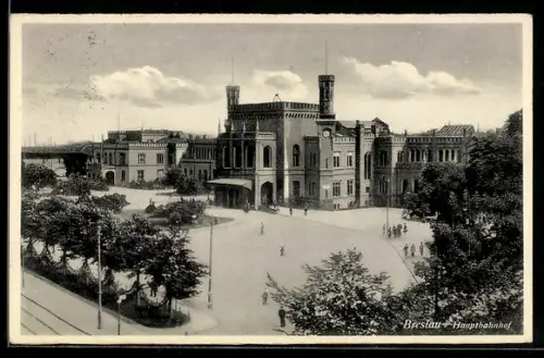 AK Breslau, Hauptbahnhof, Gesamtansicht mit Passanten