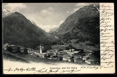 AK Pontresina, Ortspanorama mit Val Roseg