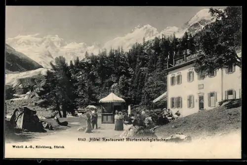 AK Morteratschgletscher, Gäste vor dem Hotel & Restaurant