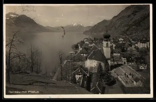 AK Gersau, Teilansicht mit Kirche und Pilatus