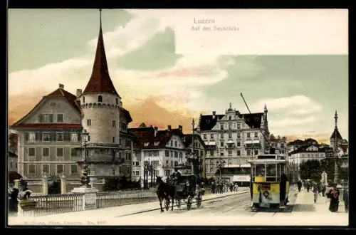 AK Luzern, Strassenbahn auf der Seebrücke