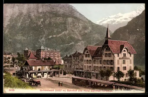 AK Grindelwald, Bahnhof und Hotel Bahnhof-Terminus, Eisenbahn, Pferdekutsche